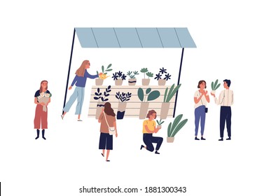 Outdoor stall or shop with potted houseplants at local flower market vector flat illustration. Customers and seller at street floristic fair isolated on white. Woman vendor watering plants