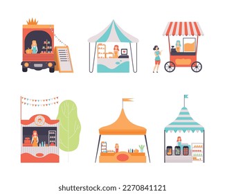 Outdoor stalls, carts, tents for summer street fair or street market festival cartoon vector illustration