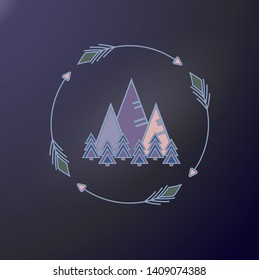 Outdoor sticker. Trees and Mountains in round frame of arrows. print on textile, club shirt, graphic design. Vector illustration. Gray contour and lilac, pink color