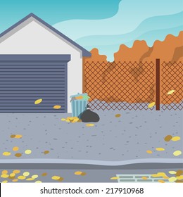 Outdoor street background with garage door and garbage can background vector illustration