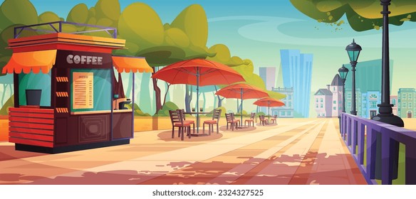 Café callejero al aire libre en la ilustración del vector cuadrado de la ciudad. Cafetería exterior con mesa, silla y paraguas naranja en la zona del jardín. Paisaje urbano con cabina al aire libre para café