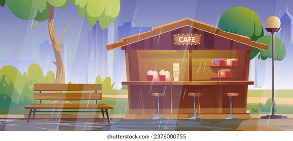 Outdoor street cafe in city park with rain vector illustration. Outside cafeteria bar with coffee, and chair. Summer rainy scene with bistro front facade background. Water puddle on road near bench