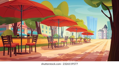 Outdoor street cafe in summer park area cartoon illustration. Outside restaurant area with table, chair and umbrella exterior with city building landscape. Urban bistro coffeehouse on sidewalk design