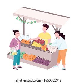 Outdoor street farmer market flat vector faceless characters. Trade tent with eco products. Buyers choosing natural and organic assortment isolated cartoon illustration for web design and animation
