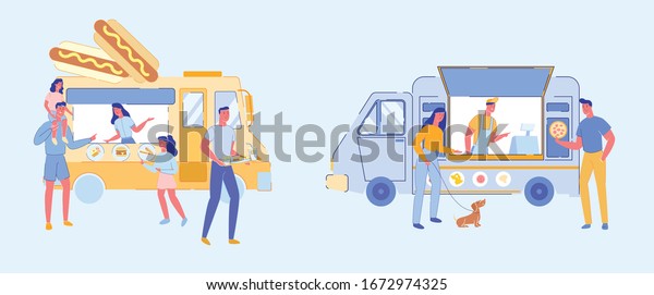 Outdoor Street Food Festival Canopy Auto\
Tent or Fast Food Pizza and Hot Dog Trucks. Shopping Stall Kiosk\
and People Cartoon Characters - Men, Women and Children Buying\
Food. Flat Vector\
Illustration.
