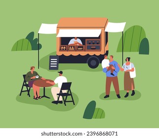 Outdoor street food truck, mobile wheeled cafe van. People relaxing, eating bakery in nature. Tiny characters resting outside in park on summer holiday, vacation, weekend. Flat vector illustration