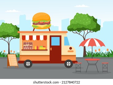 Outdoor Street and Food Truck Serving Fast Food such as Pizza, Burger, Hot Dog or Tacos in Flat Cartoon Background Poster Illustration