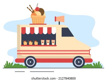 Outdoor Street and Food Truck Serving Fast Food such as Pizza, Burger, Hot Dog or Tacos in Flat Cartoon Background Poster Illustration