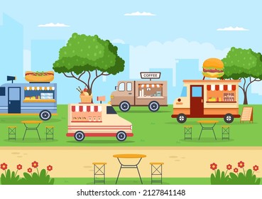 Outdoor Street and Food Truck Serving Fast Food such as Pizza, Burger, Hot Dog or Tacos in Flat Cartoon Background Poster Illustration