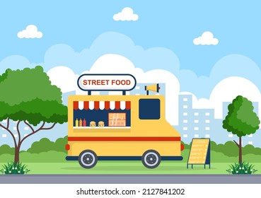 Outdoor Street and Food Truck Serving Fast Food such as Pizza, Burger, Hot Dog or Tacos in Flat Cartoon Background Poster Illustration