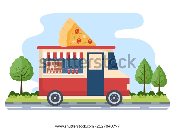 Outdoor Street and Food Truck Serving Fast\
Food such as Pizza, Burger, Hot Dog or Tacos in Flat Cartoon\
Background Poster\
Illustration