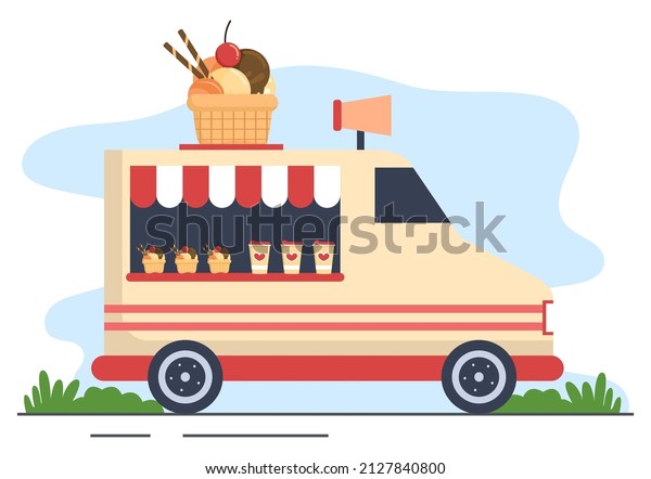 Outdoor Street and Food Truck Serving Fast\
Food such as Pizza, Burger, Hot Dog or Tacos in Flat Cartoon\
Background Poster\
Illustration