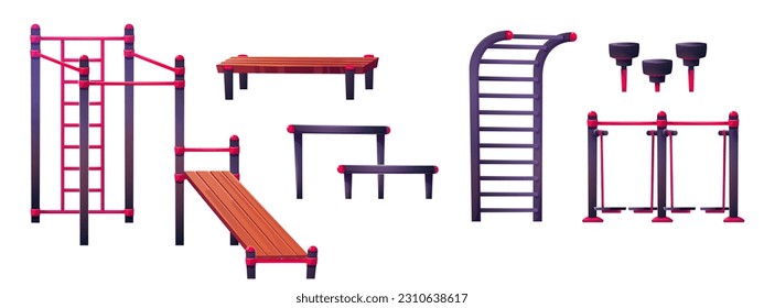 Outdoor street gym in park with fitness equipment for workout and training cartoon vector training isolated set. Adult sports icon with wooden bench, ladder and red metal illustration collection