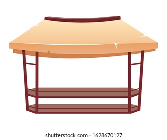 Outdoor street market awning cartoon vector illustration. Empty summer marketplace stall, counter flat color object. Blank fair, souk tent, canopy with table, commercial equipment isolated on white