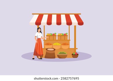 Outdoor street market concept. Colored flat vector illustration isolated.