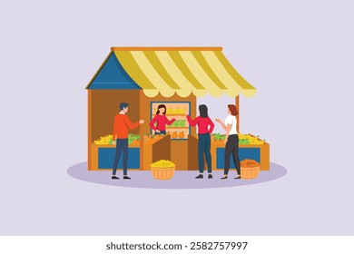 Outdoor street market concept. Colored flat vector illustration isolated.