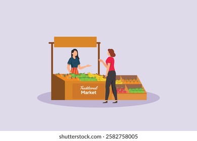 Outdoor street market concept. Colored flat vector illustration isolated.