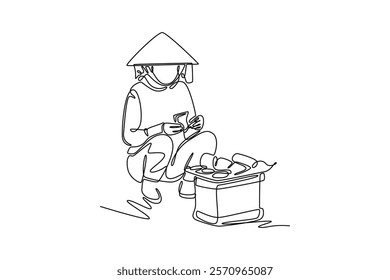 Outdoor street market concept. Single line draw design vector graphic illustration.