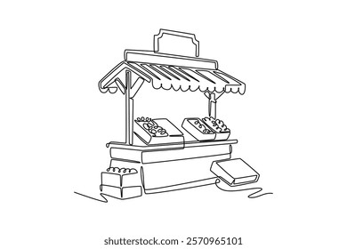 Outdoor street market concept. Single line draw design vector graphic illustration.