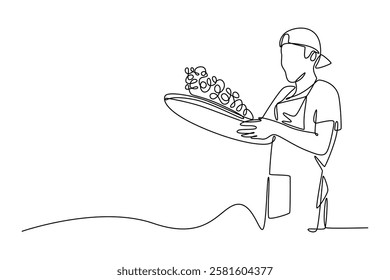 Outdoor street market concept. Single line draw design vector graphic illustration.