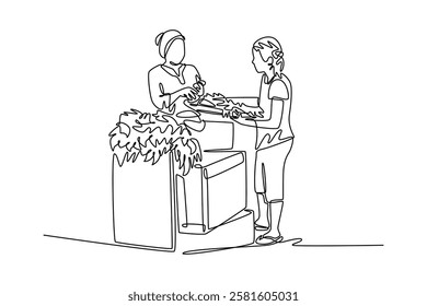 Outdoor street market concept. Single line draw design vector graphic illustration.