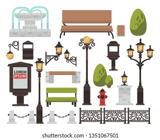 Outdoor street and park decor bench and streetlight bush and fence vector fountain litter bin lighting lanterns and wall lamps fireplug greenery and advertising banner stand isolated objects city