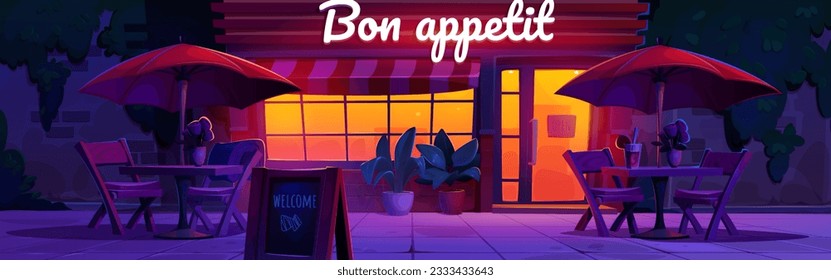 Outdoor street restaurant at night vector background scene. City cafe or bar building facade with light in window. Romantic terrace in town evening landscape. Open cafeteria lights near roses on table