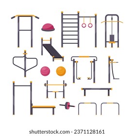 Outdoor street sport fitness equipment for workout and training. Vector icon set of trainer machine, ladder, workout place, gym, sport playground. Healthy Life. Urban infrastructure