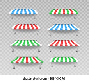 Outdoor striped awning canopy for cafe and shop window of different forms. Awning umbrella for the market, striped summer scallop for shop vector illustration. Sunshade for restaurant. Eps 10.