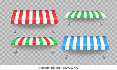 Outdoor striped awning canopy for cafe and shop window of different forms. Sunshade for restaurant. Awning umbrella for the market, striped summer scallop for shop vector illustration. Eps 10.