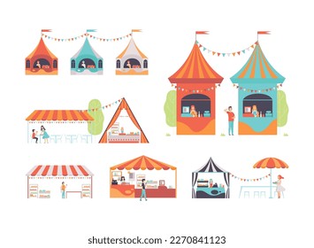 Outdoor striped tents, stalls, with sellers and buyers for summer fair or street market festival cartoon vector