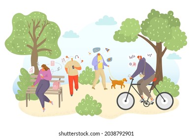 Outdoor study online, vector illustration, flat people man woman character get education in internet, studying knowledge at park nature.