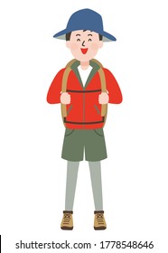 Outdoor style young man with backpack straps smiling.Vector illustration.