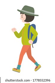 Outdoor style young woman wearing a backpack wearing a hat walking with a smile.Vector illustration.