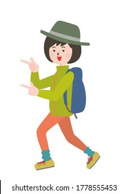 Outdoor style young woman wearing a backpack wearing a hat pointing at guidance with a smile.Vector illustration.
