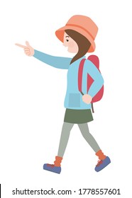 Outdoor style young woman wearing a backpack wearing a hat pointing with a smile.Vector illustration.