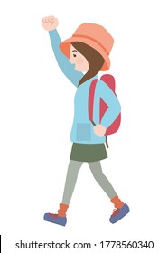Outdoor style young woman wearing a rucksack wearing a hat walking in a guts pose with a smile.Vector illustration.