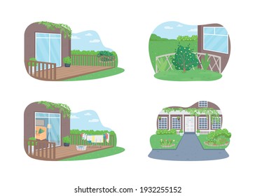 Outdoor suburban home 2D vector web banner, poster set. Outside spring cleaning. Laundry on clothesline. Patio flat scene on cartoon background. Porch printable patch, colorful web element collection