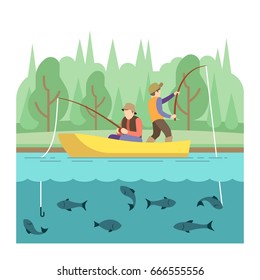 Outdoor summer activities. Fishing sport vector concept. Summer vacation fishing, outdoor illustration of river and boat