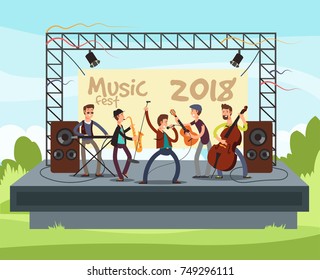 Outdoor Summer Festival Concert With Pop Music Band Playing Music Outdoor On Stage Vector Illustration. Performance Musician With Instrument, Play Musical