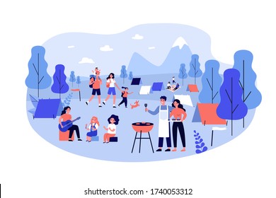 Outdoor summer festival, vacation recreation concept. Tourists family with kids enjoying camping with tents, barbecue, picnic and hiking. Flat vector illustration