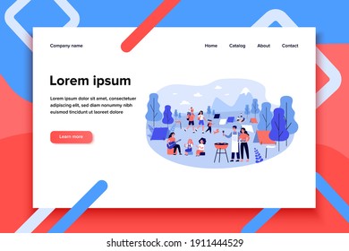 Outdoor summer festival, vacation recreation concept. Tourists family with kids enjoying camping with tents, barbecue, picnic and hiking. Flat vector illustration