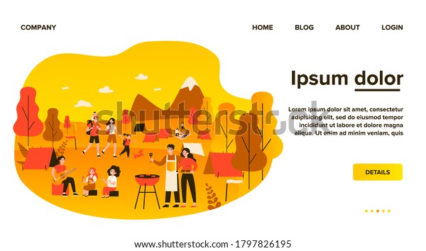 Outdoor summer festival, vacation\
recreation concept. Tourists family with kids enjoying camping with\
tents, barbecue, picnic and hiking. Flat vector\
illustration