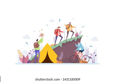 Outdoor Summer Hiking Activity Vector Illustration Concept Showing Active People Escaping From Business Routine, Suitable for landing page, ui, web, app intro card, editorial, flyer, and banner.