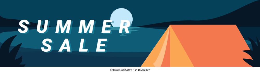 Outdoor summer holiday concept.Camping    near the lake in the night time.Banner ads for outdoor sport product or summer camp activities
