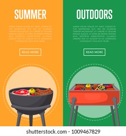 Outdoor summer picnic flyers with meat and vegetables on charcoal grill. Garden bbq party, family weekend food preparation. Cooking equipment with assorted delicious food vector illustration.
