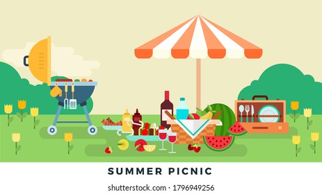 Outdoor summer picnic in meadow with tulips. Vector flat illustrations. Concept relax on nature.