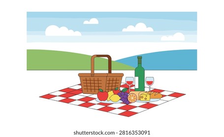 Outdoor summer picnic scene with a checkered blanket, wicker basket, fresh fruits, cheese, bread, and a bottle of wine.