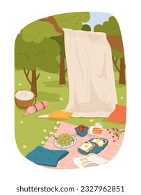 Outdoor summer picnic scene concept. Strawberries and grapes on plates. Basket with food and blanket on tree branch. Cartoon flat vector illustration isolated on white background