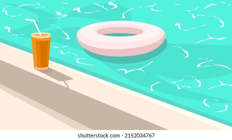 Outdoor summer pool, water ring and glass of juice, relaxation concept, vector illustration, flat design.